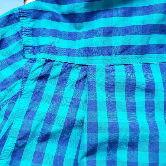 Duluth Trading Co Blue Teal Check Plaid Short Sleeve Button Down Collar, Large - Picture 10 of 12